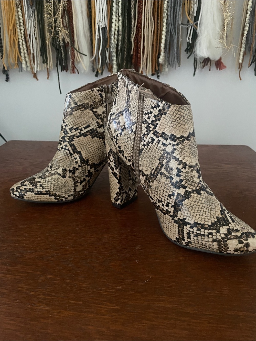 Snake Print Ankle Boots in Beige and Black - Women's Fashion Bootie size 6.5